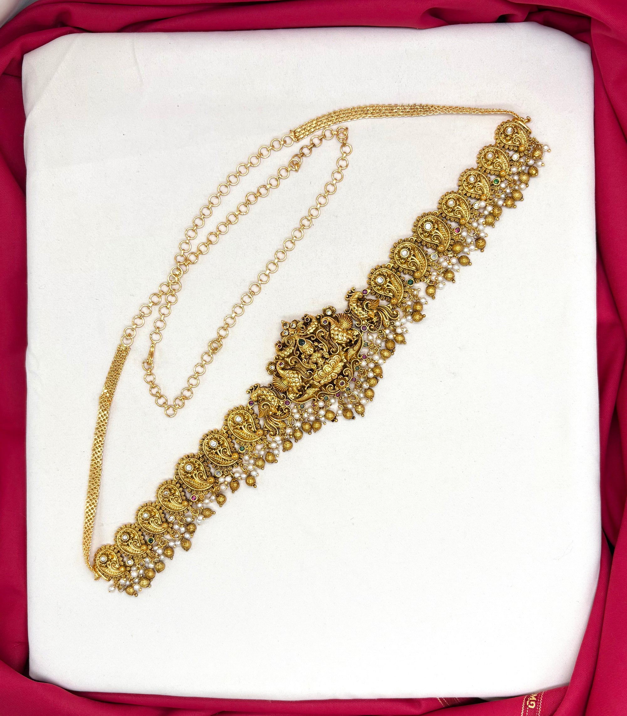 Matte finishing Lord Lakshmi peacock and pearls Chain Vaddanam