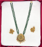 Handmade Rani-Haram with Green beads Lord Lakshmi design with flowers Golden Balls