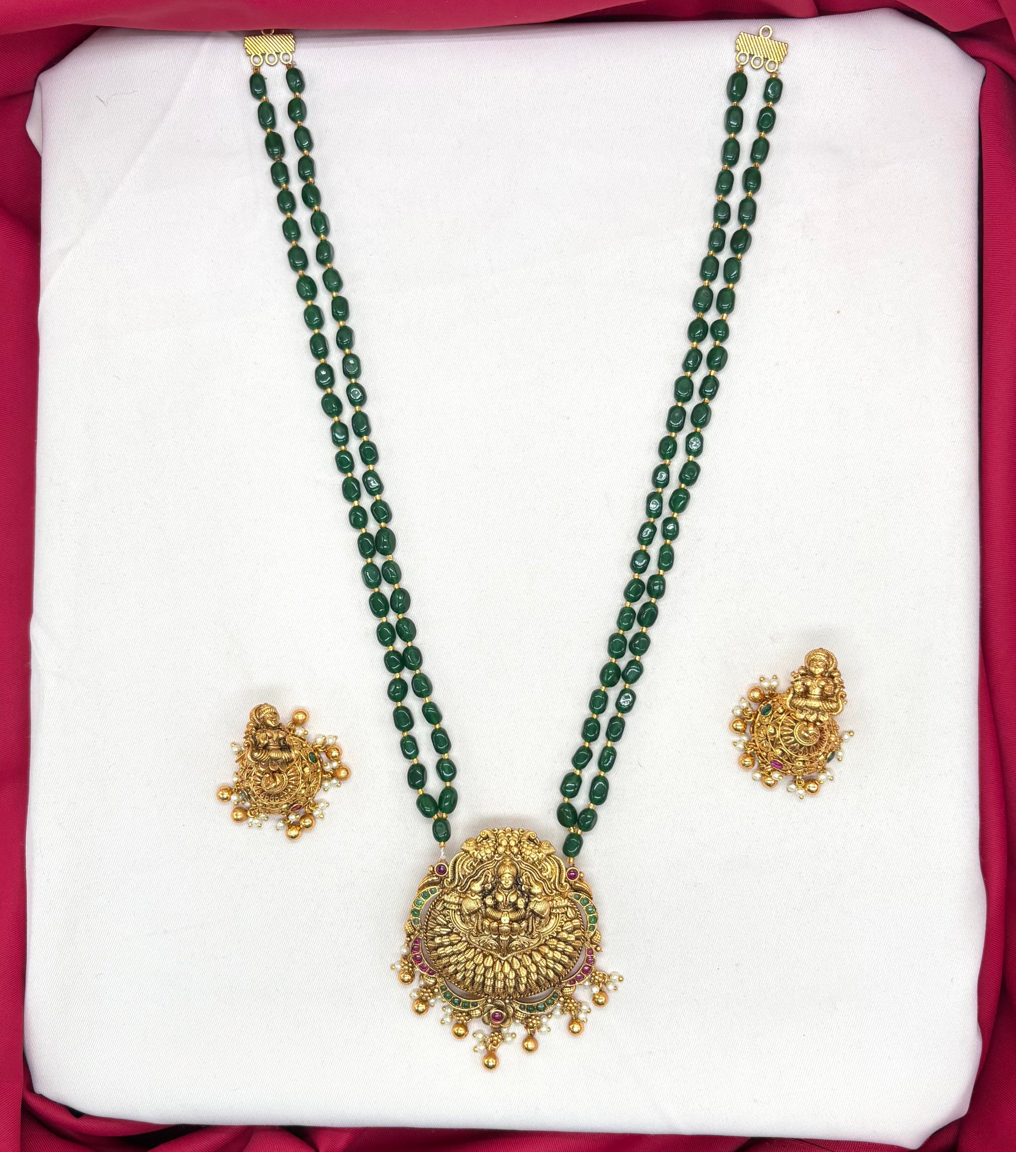 Handmade Rani-Haram with Green beads Lord Lakshmi design with flowers Golden Balls