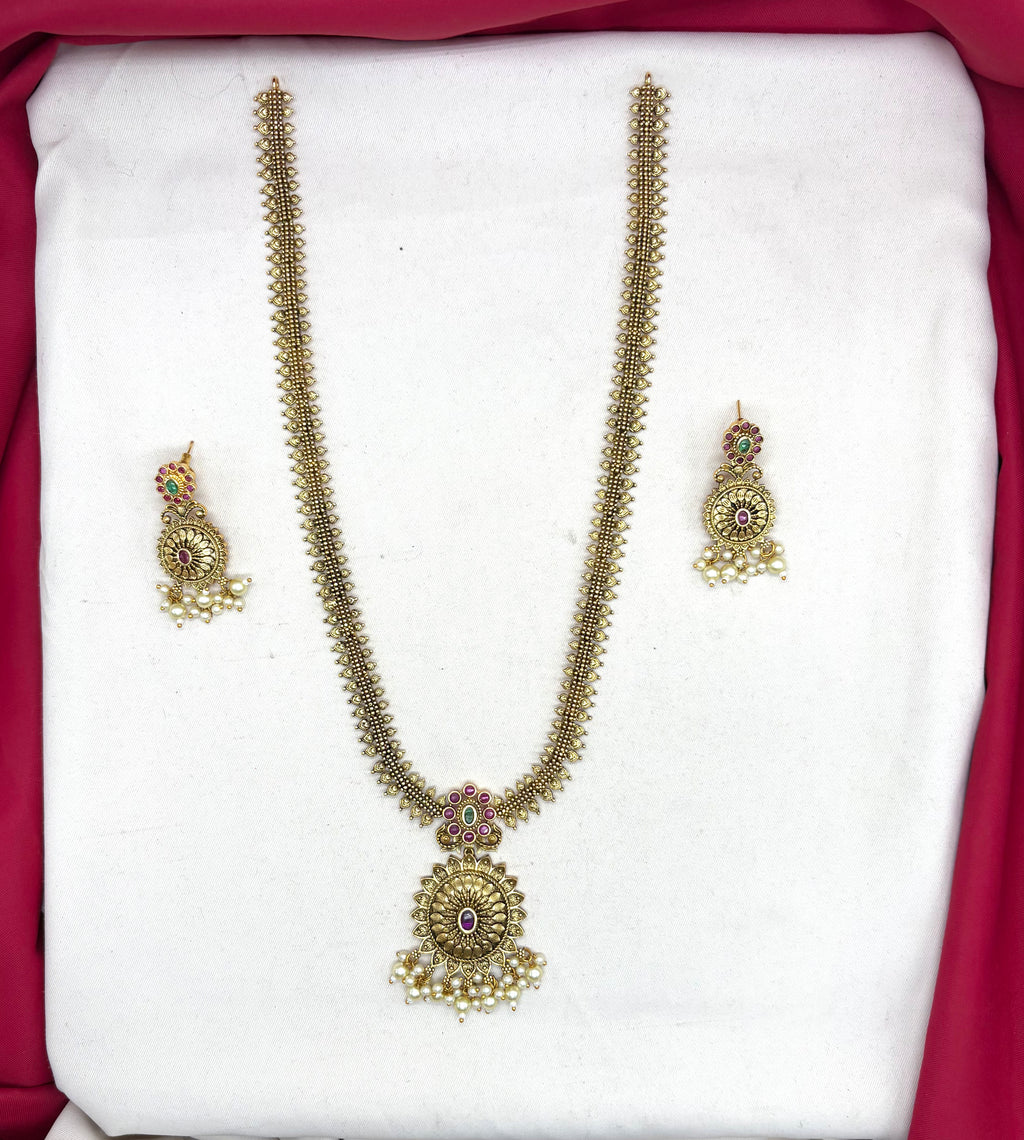 Nakshi Finishing floral design with White pearls Long Haram Necklace