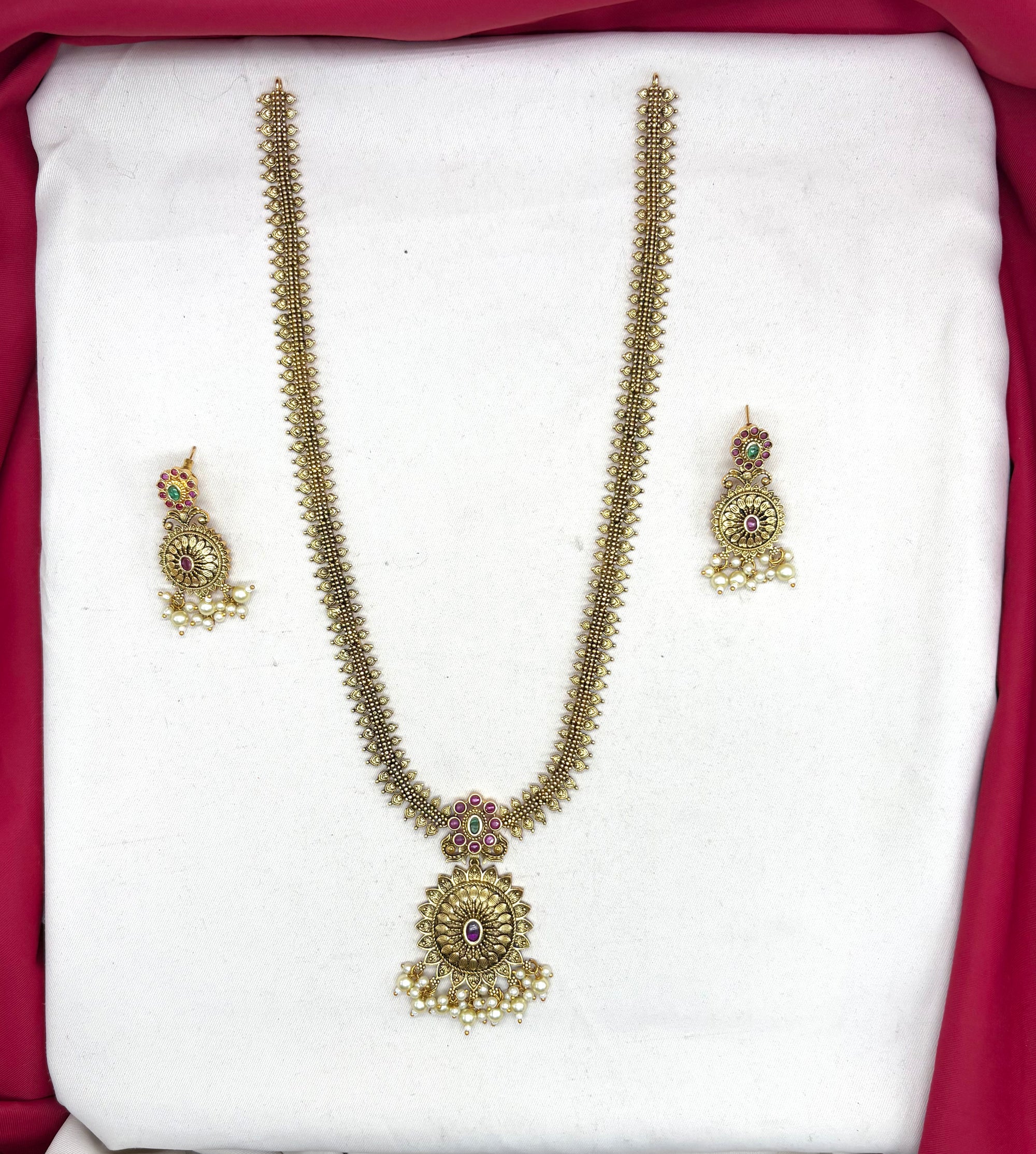 Nakshi Finishing floral design with White pearls Long Haram Necklace