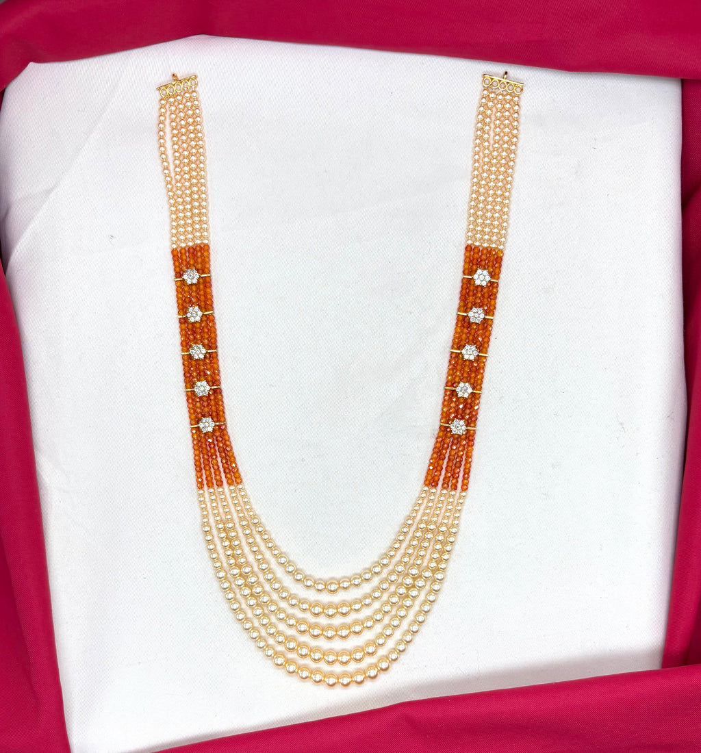 Premium Cubic Zirconia orange beads and pearls AD with flowers design small locket Mala for Unisex