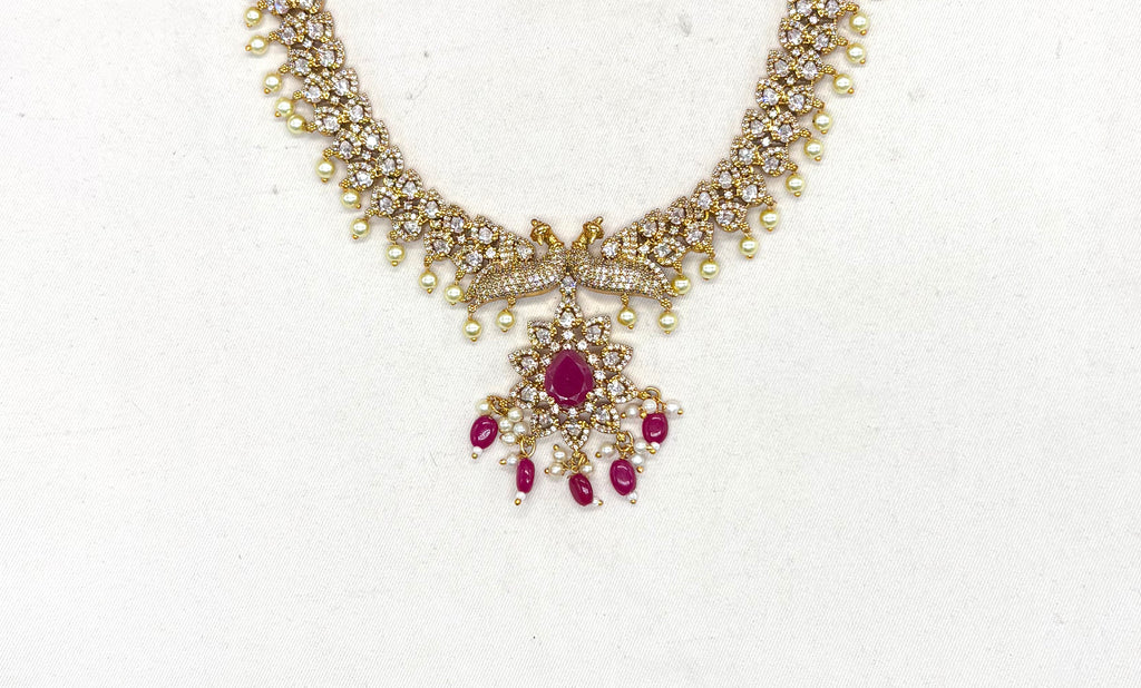 Matte finishing American Diamonds peacock design Long Haram Necklace