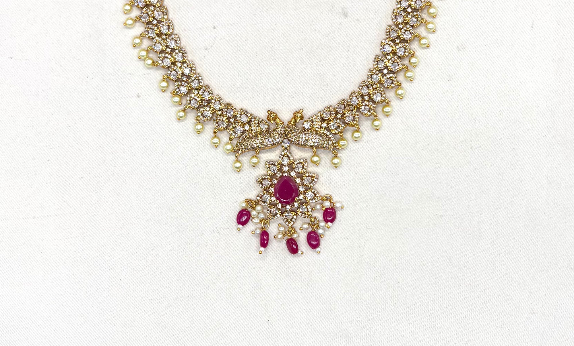Matte finishing American Diamonds peacock design Long Haram Necklace