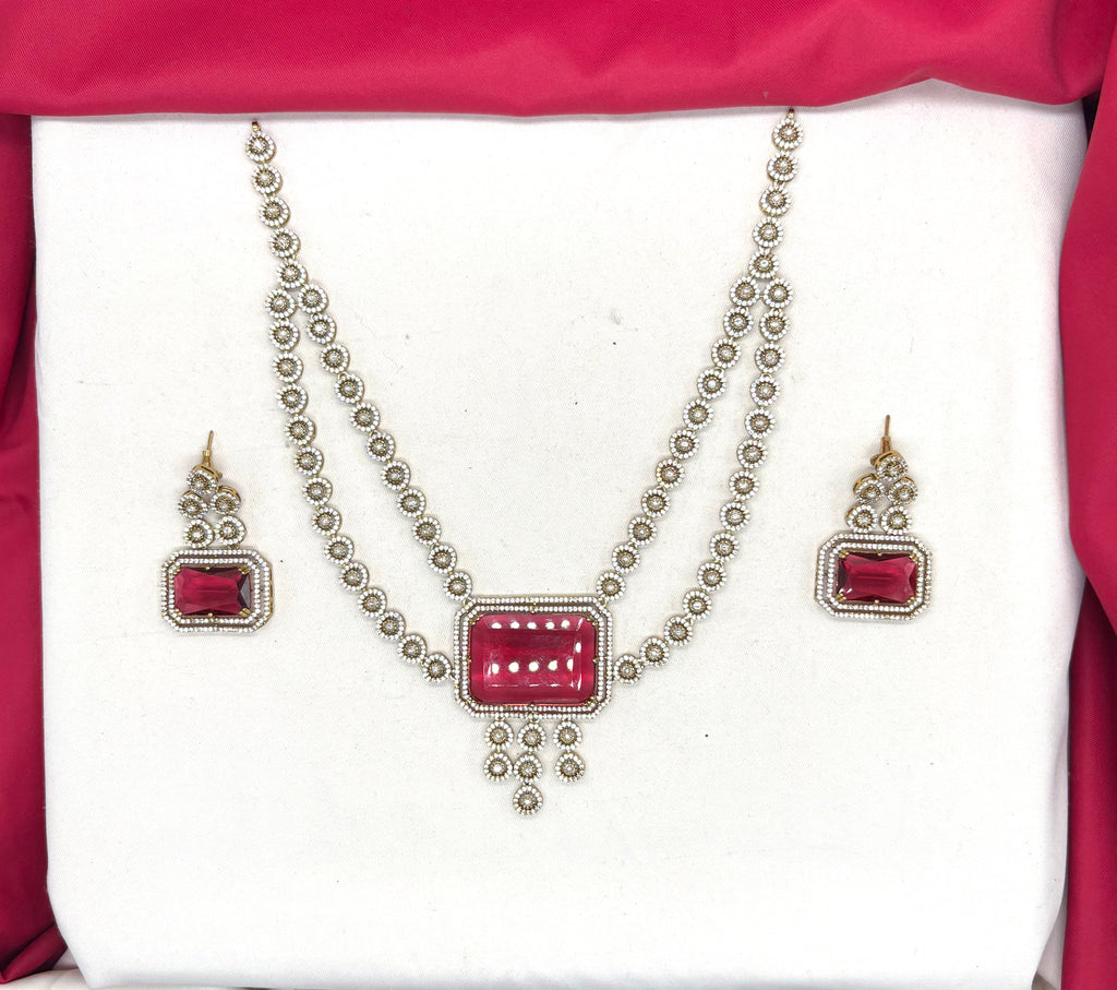 Victorian finishing emerald Red stones and intricate American Diamond Necklace