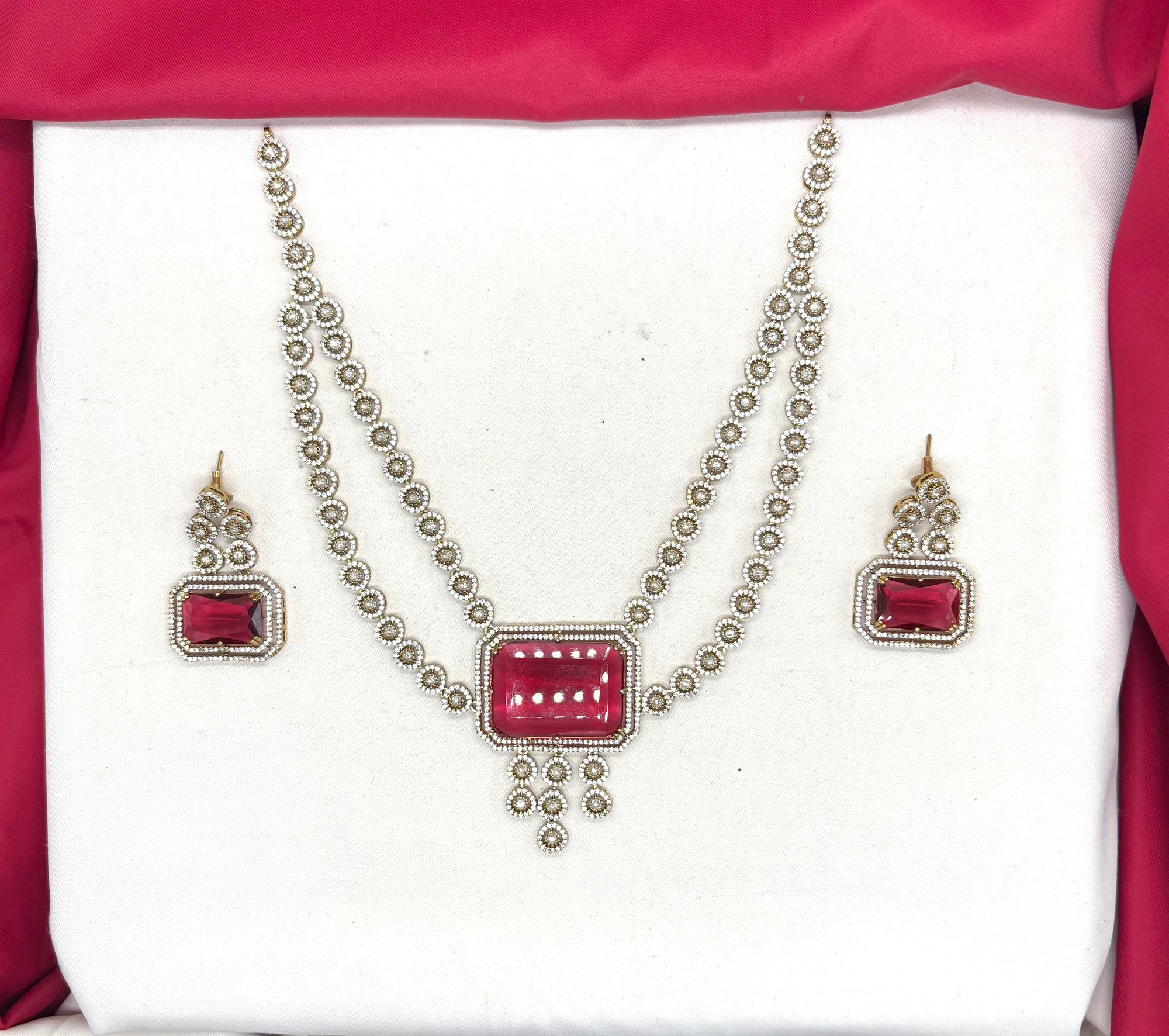 Victorian finishing emerald Red stones and intricate American Diamond Necklace