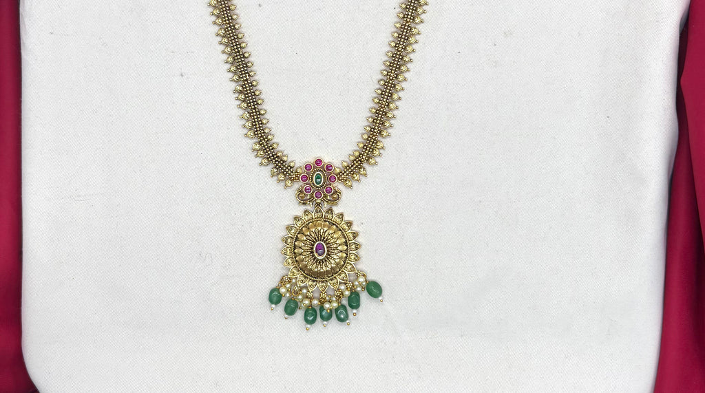 Nakshi Finishing floral design with Green Beads Long Haram Necklace