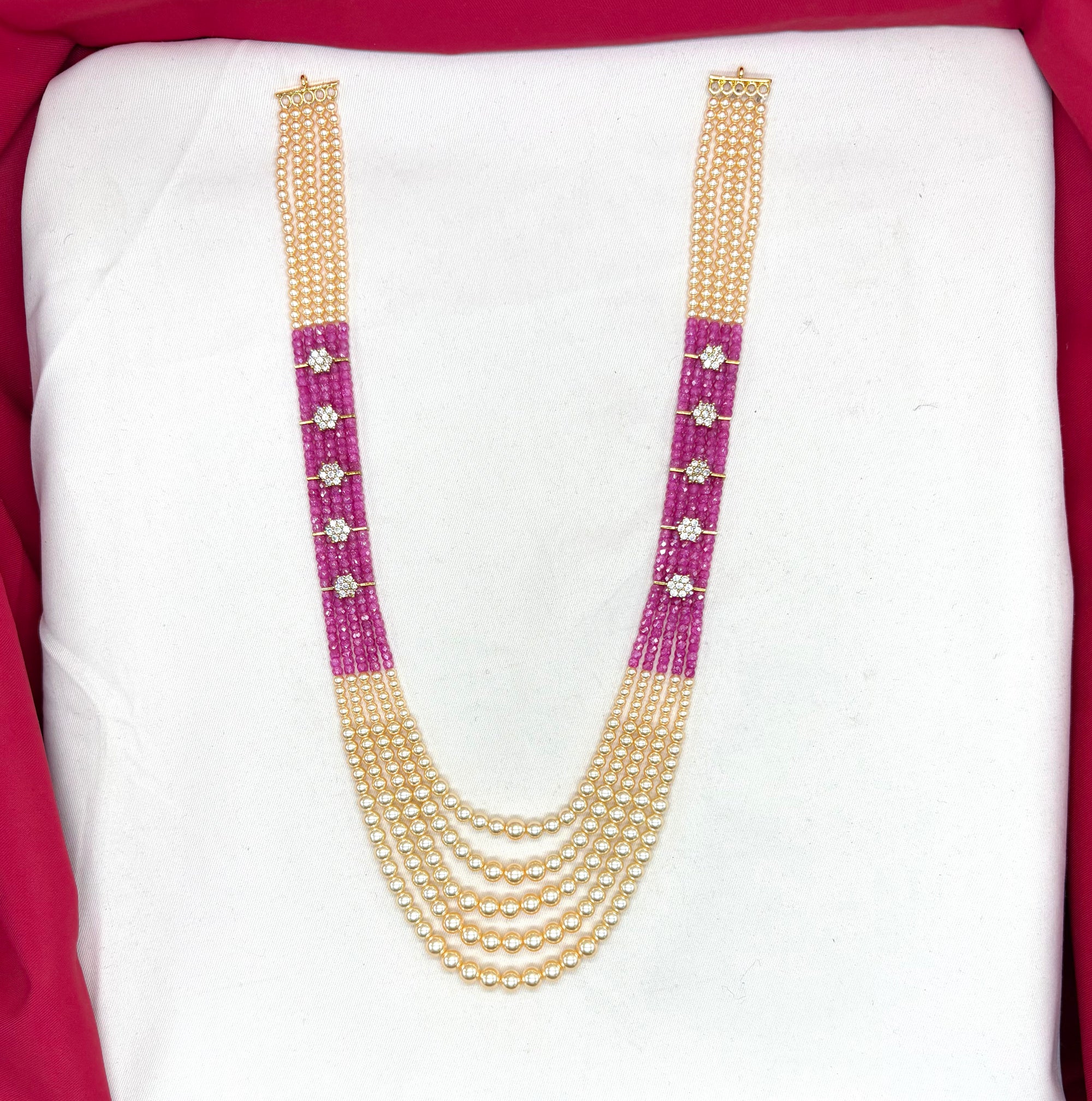 Premium Cubic Zirconia Pink beads and pearls AD with flowers design small locket Mala for Unisex