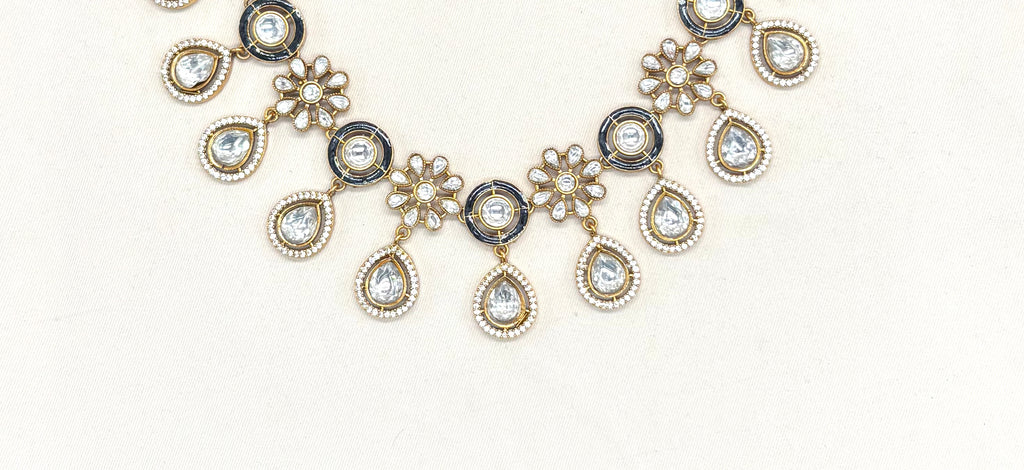Premium Moissanite Stones floral design Black circle finish Short Necklace