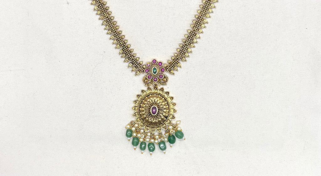 Nakshi Finishing floral design with Green Beads Short Necklace