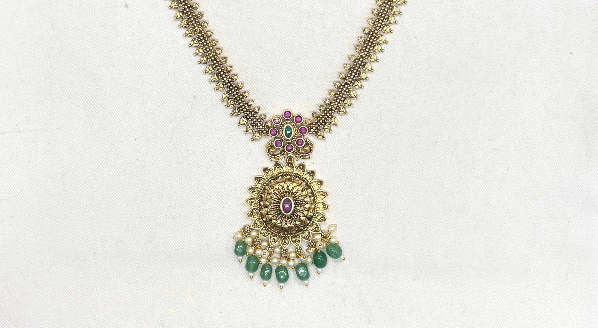 Nakshi Finishing floral design with Green Beads Short Necklace