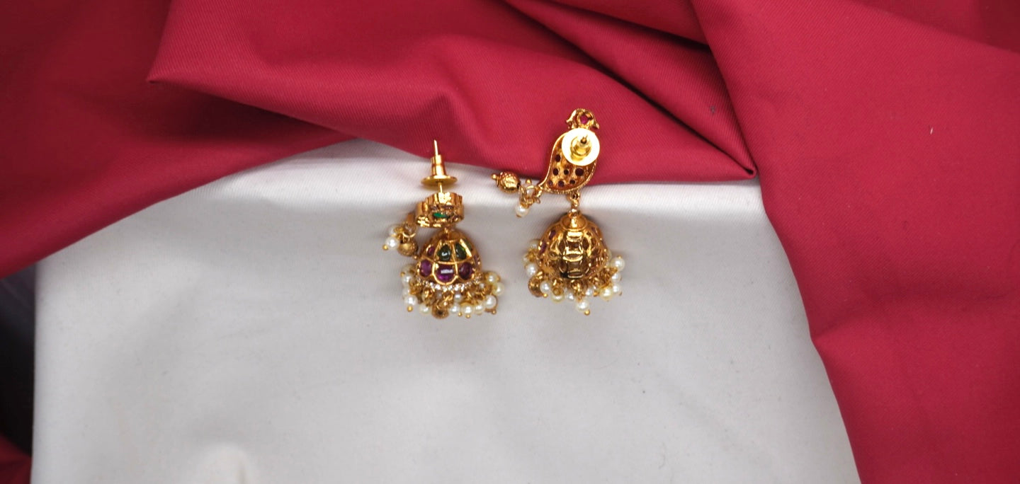 Matte finish American Diamond stones and pearls Bird design Jhumka Earrings