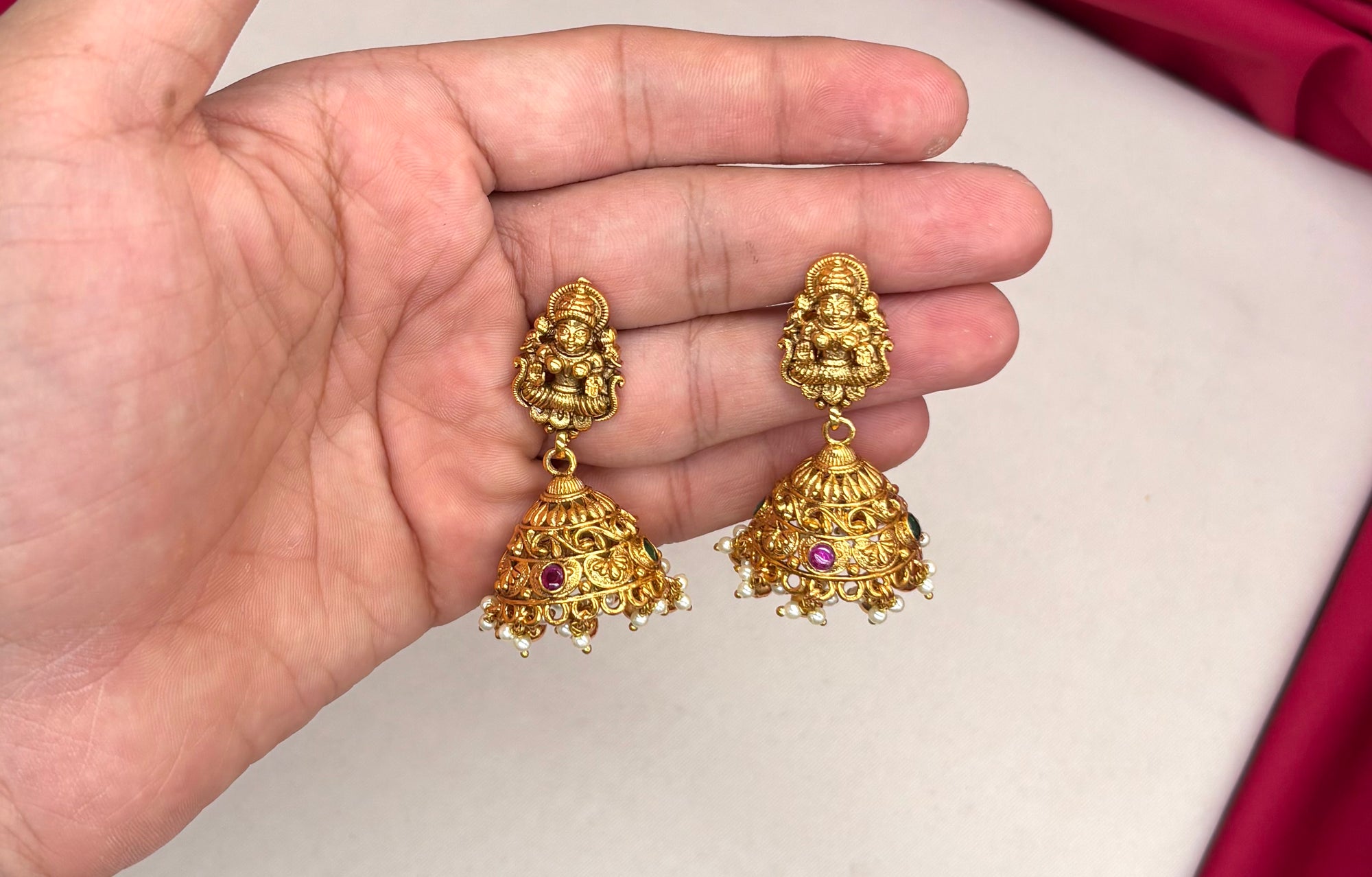 Handmade Rani-Haram with Green beads Lord Lakshmi design with flowers Golden Balls