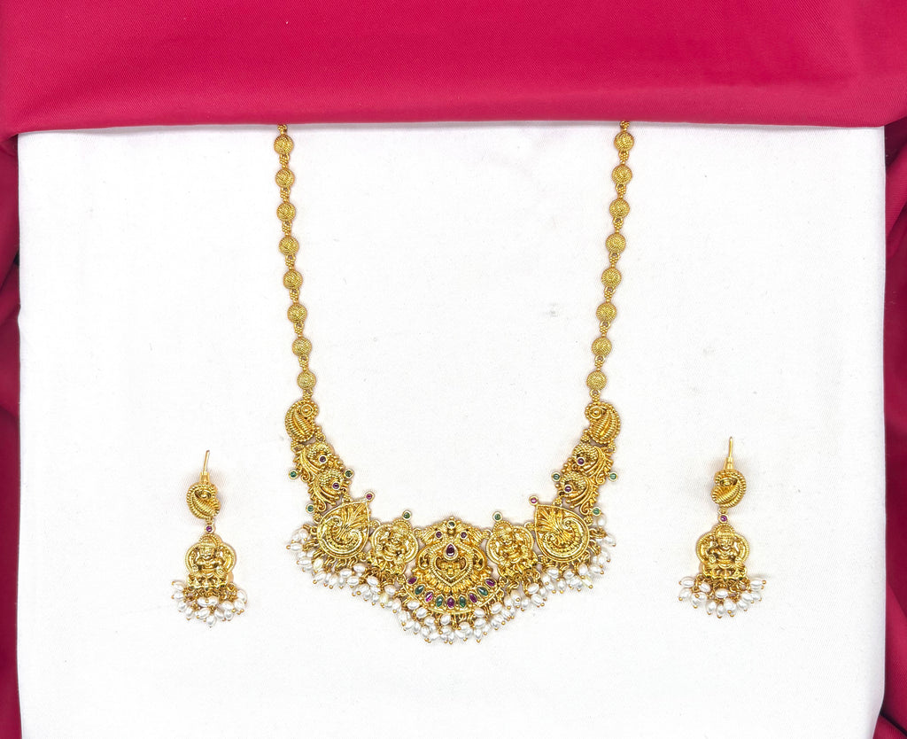 Matte finishing with lord Lakshmi with multi stones and white drop pearls short Necklace