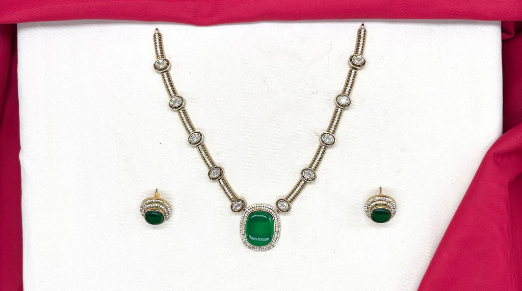 Victorian finishing with American Diamond with Green Stone Short Necklace