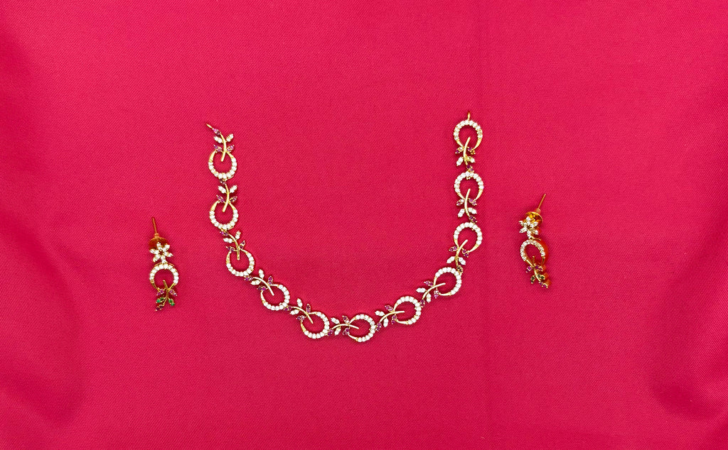zircon stones in a floral and leaf-inspired motif small Pink stones short Necklace
