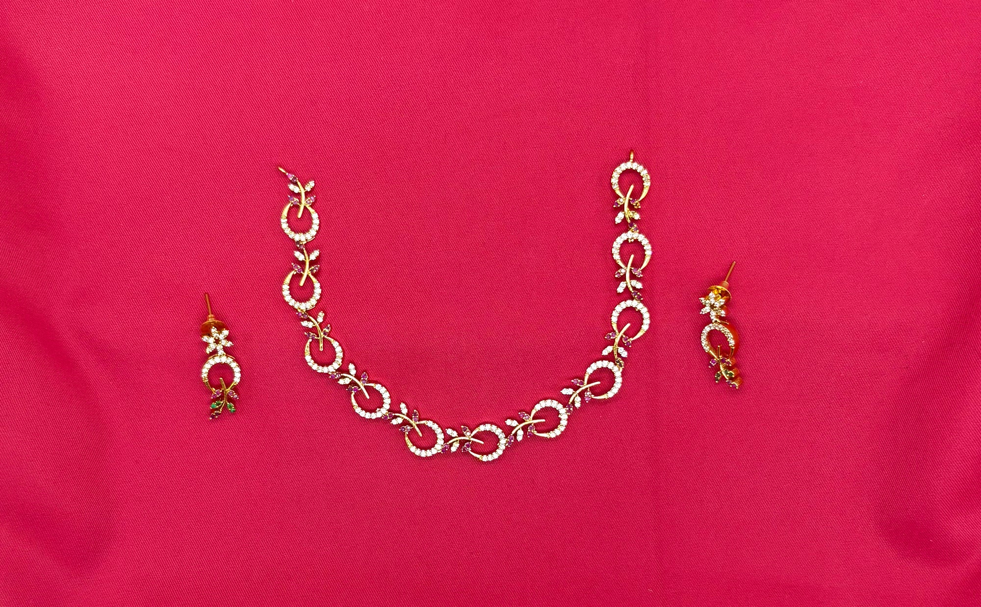 zircon stones in a floral and leaf-inspired motif small Pink stones short Necklace