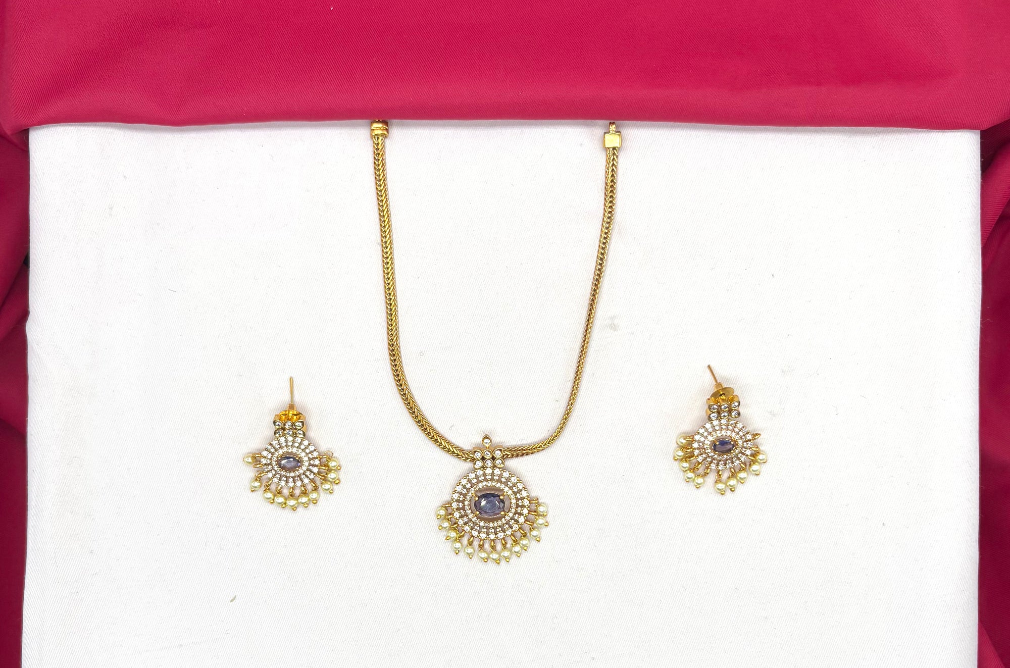 Matte finishing American Diamonds with purple stone short Necklace