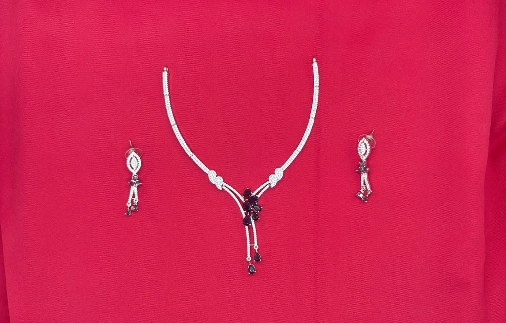 Silver American Diamonds stones deep purple teardrop and floral-shaped stones Short Necklace