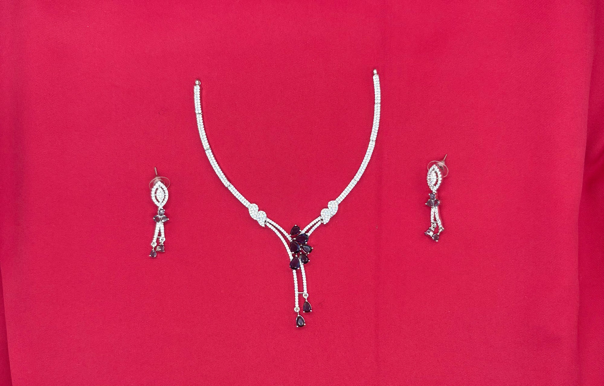 Silver American Diamonds stones deep purple teardrop and floral-shaped stones Short Necklace