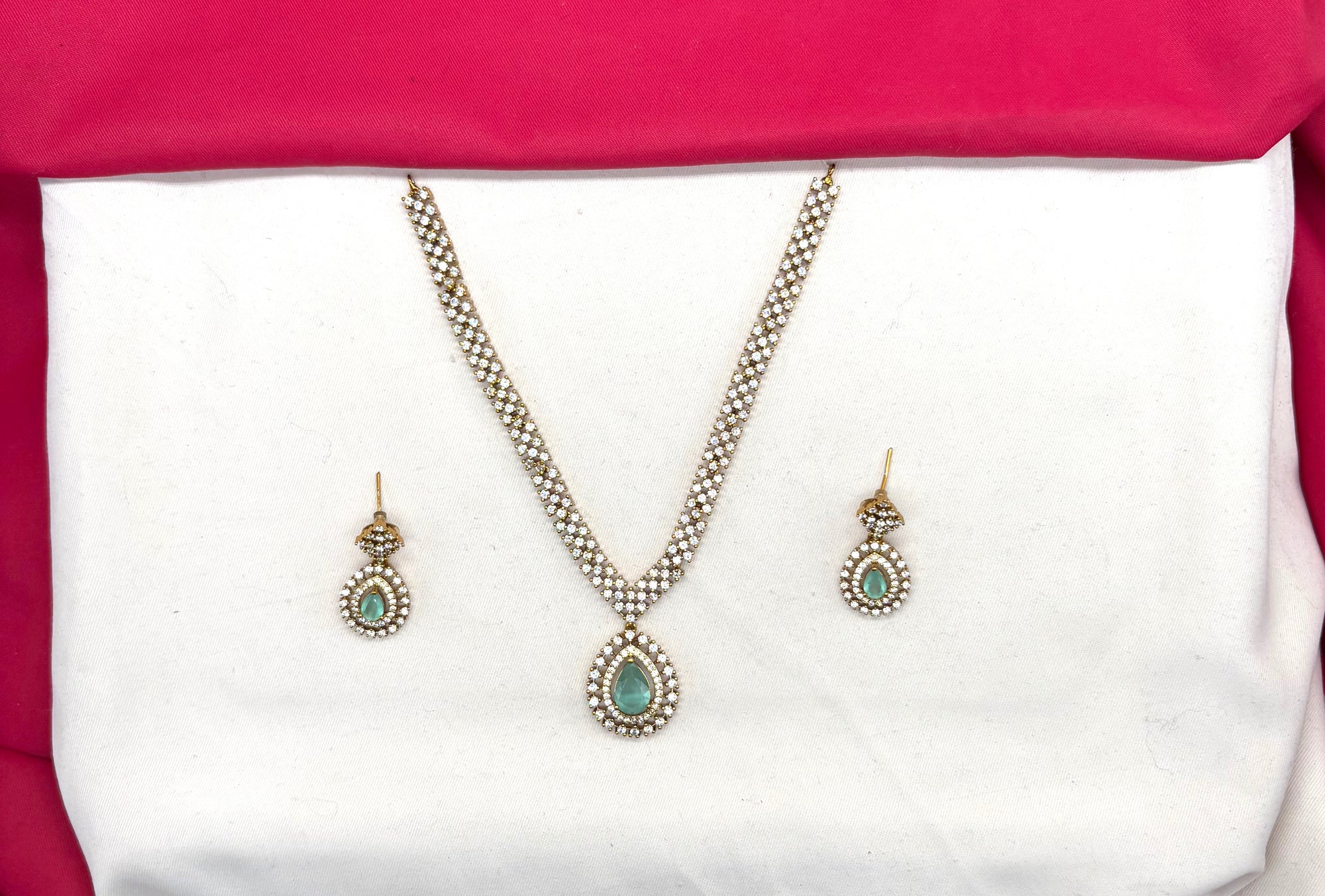 Victorian finishing American Diamonds with Central mint-Green  Stone Short Necklace