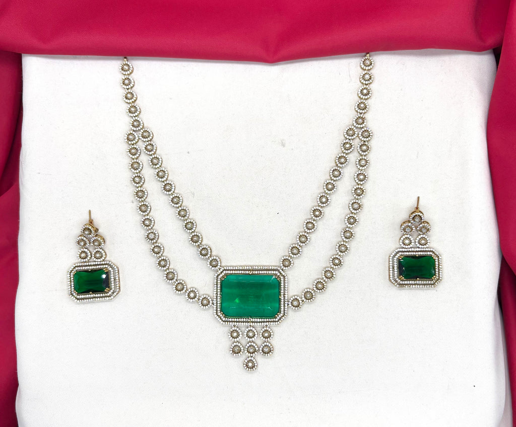 Victorian finishing emerald green stones and intricate American Diamond Necklace