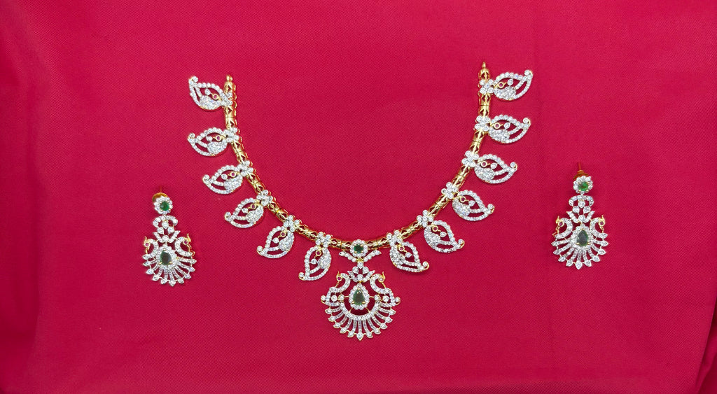 Premium G.J finishing leaf design with American Diamonds peacock pendent Short Necklace