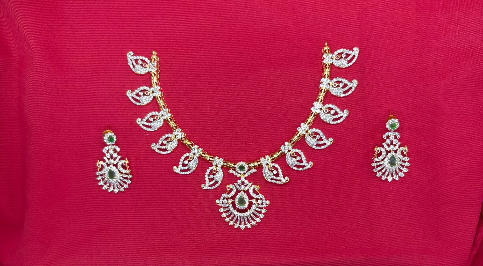 Premium G.J finishing leaf design with American Diamonds peacock pendent Short Necklace