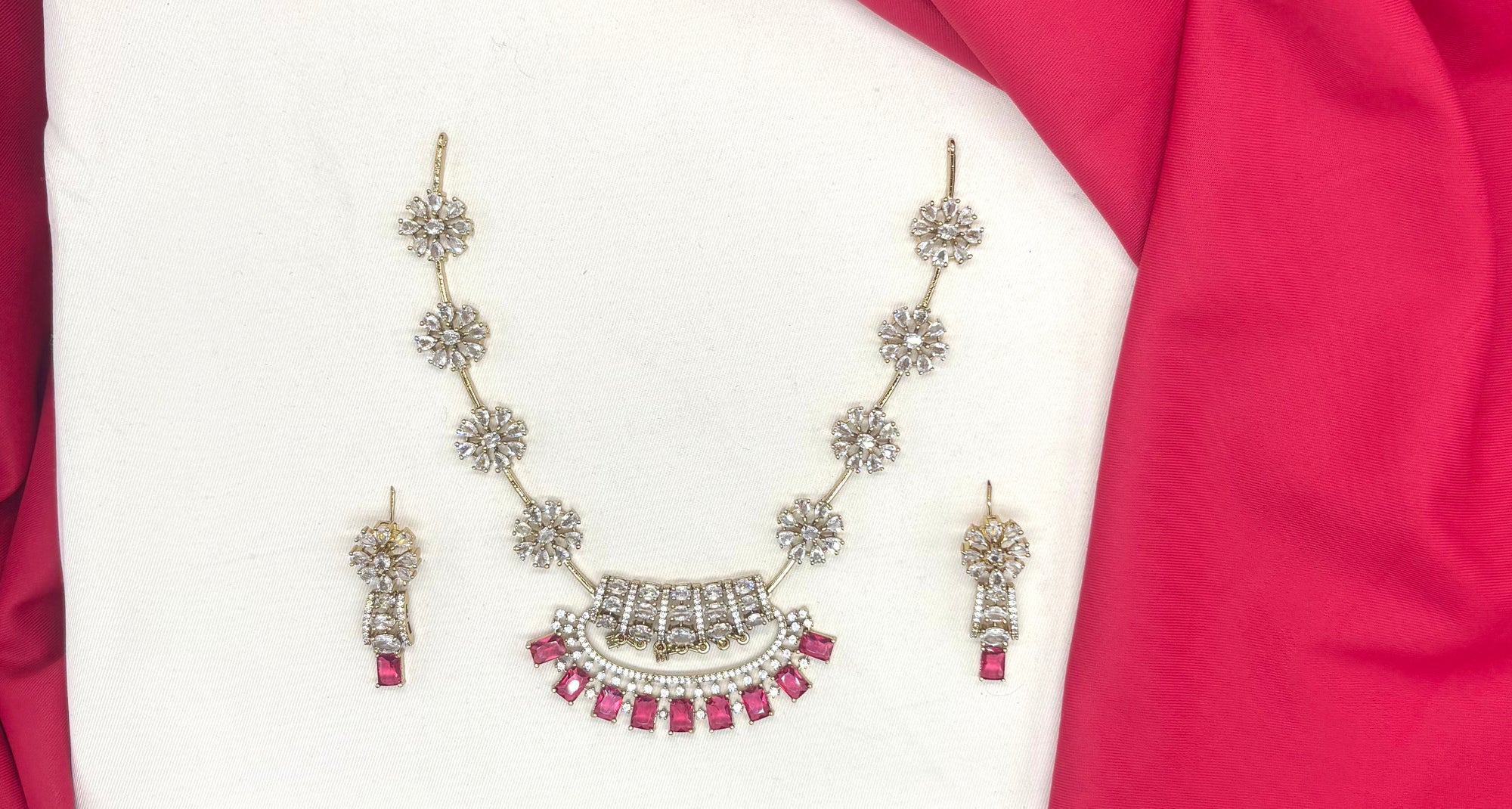 Victorian-plated American Diamond,Red Zircon stones Short Necklace (Kanti)