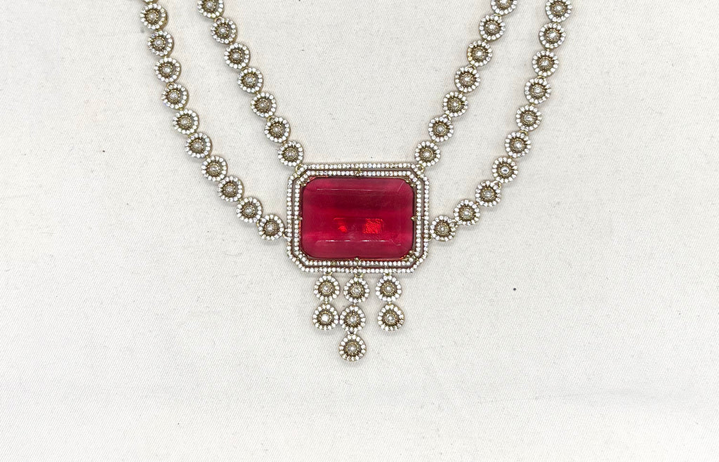Victorian finishing emerald Red stones and intricate American Diamond Necklace