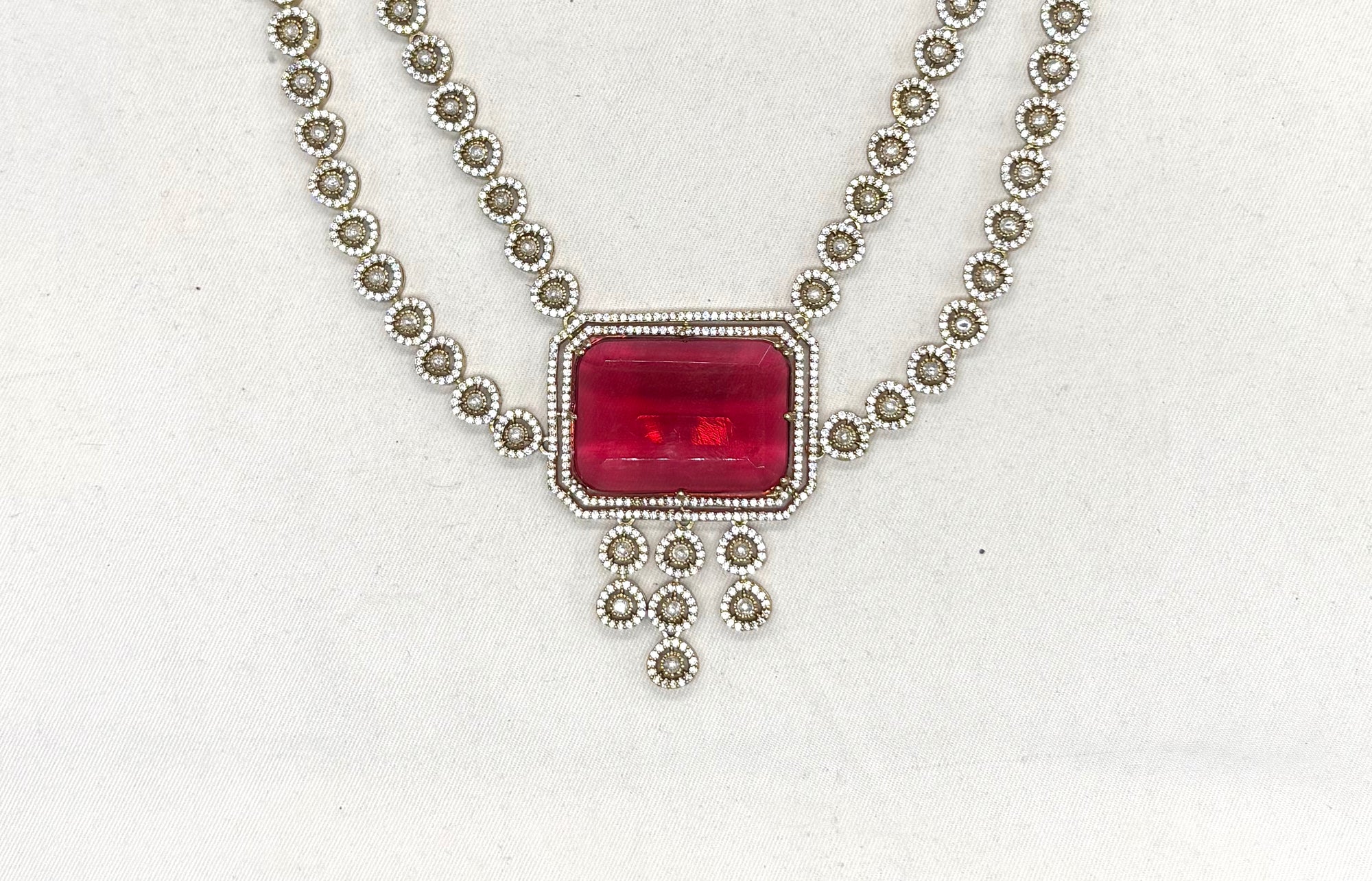 Victorian finishing emerald Red stones and intricate American Diamond Necklace