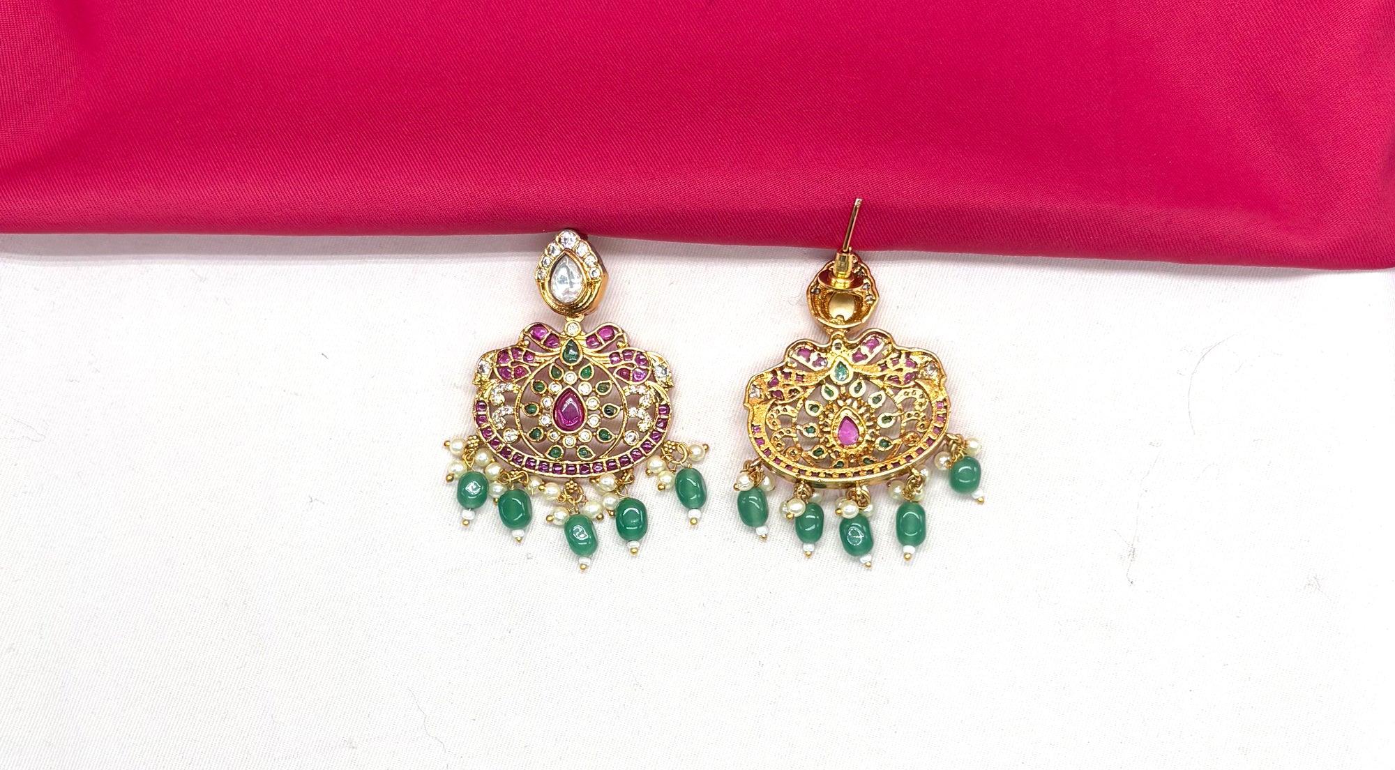 Premium Jadau kundan with floral finish and Green beads Short Necklace