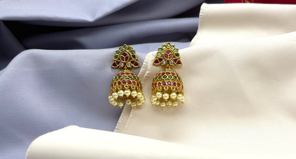 kempu jhumka green stones, accented with pearl hangings Earrings