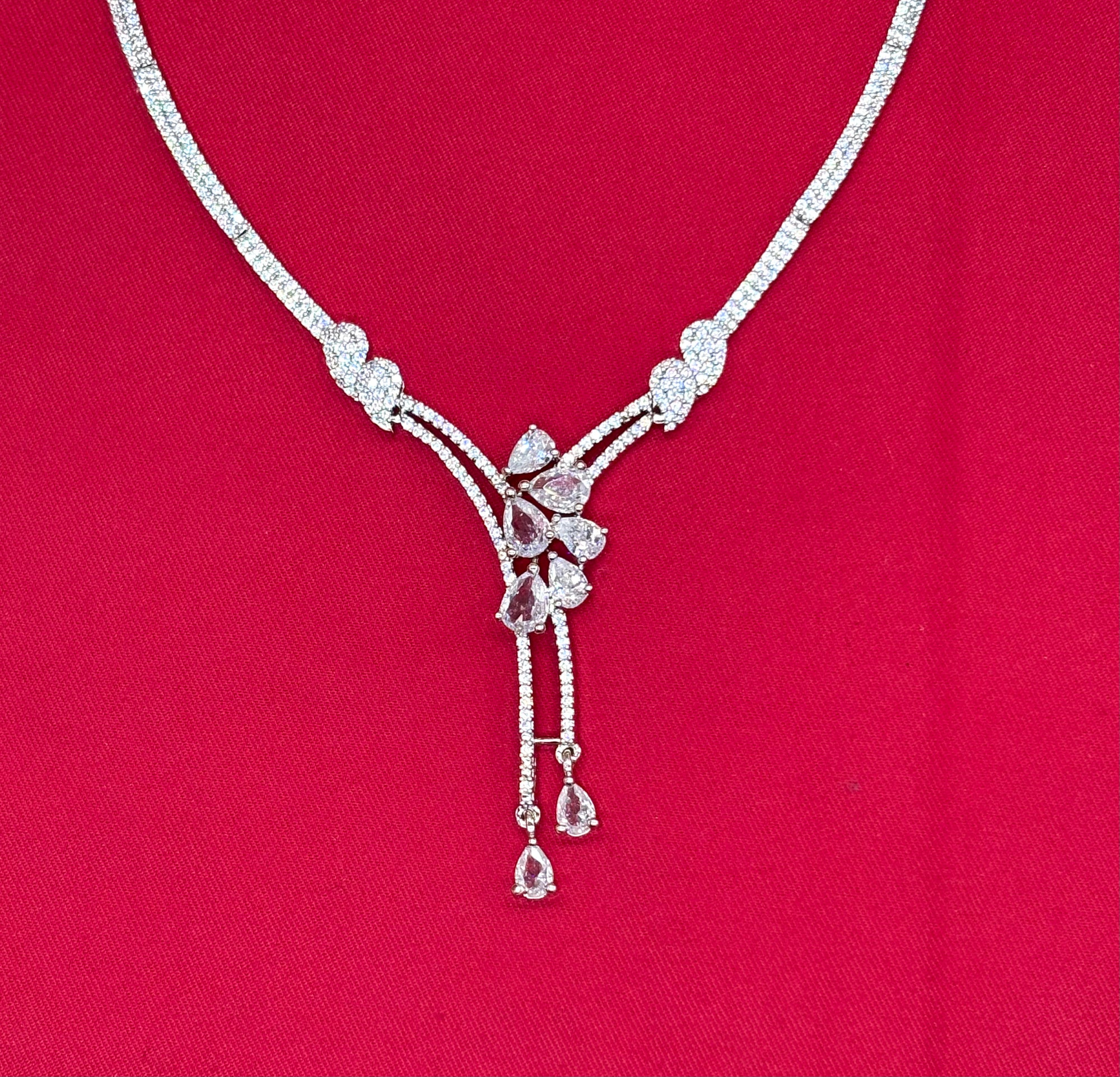 Silver American Diamonds stones deep White teardrop and floral-shaped stones Short Necklace
