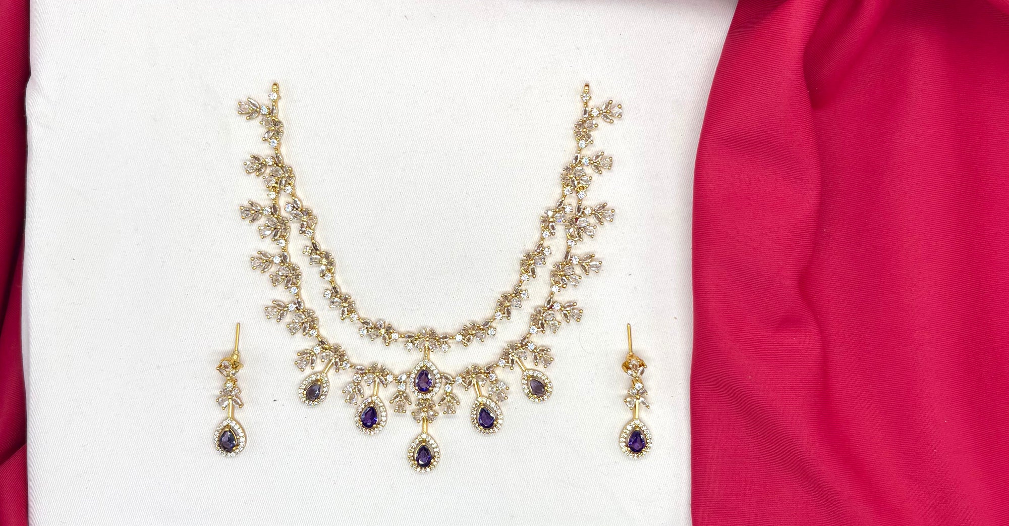 Matte finishing Floral Zircon & Ad Stones purple Short Necklace
