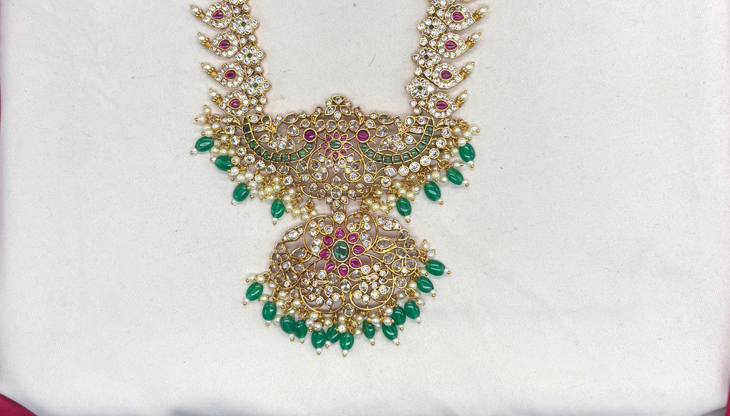 Premium Jadau Kundan Mango Design with Green Beads Short Necklace