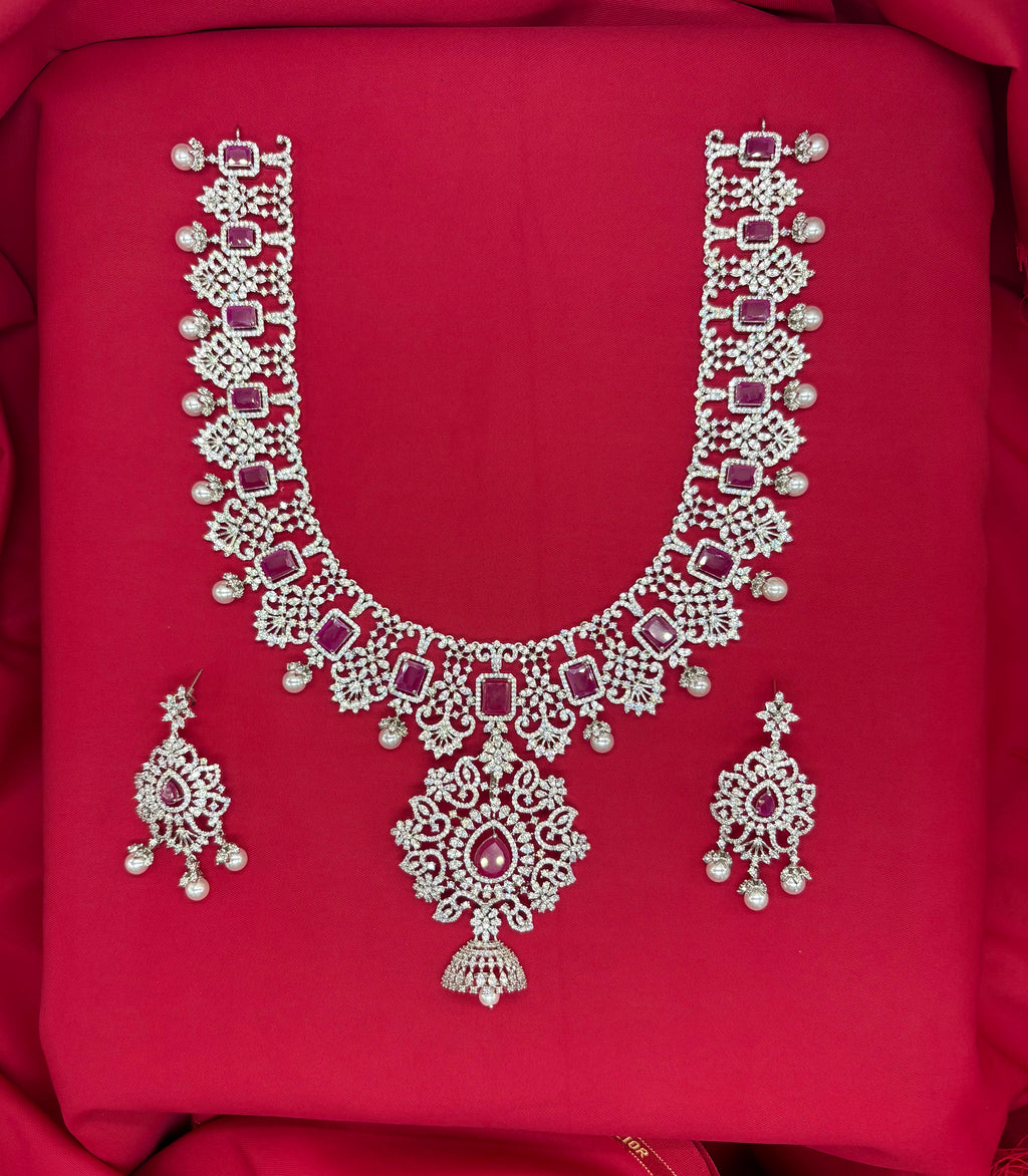 Ad Stones Silver Detachable With Pink stones Long Haram