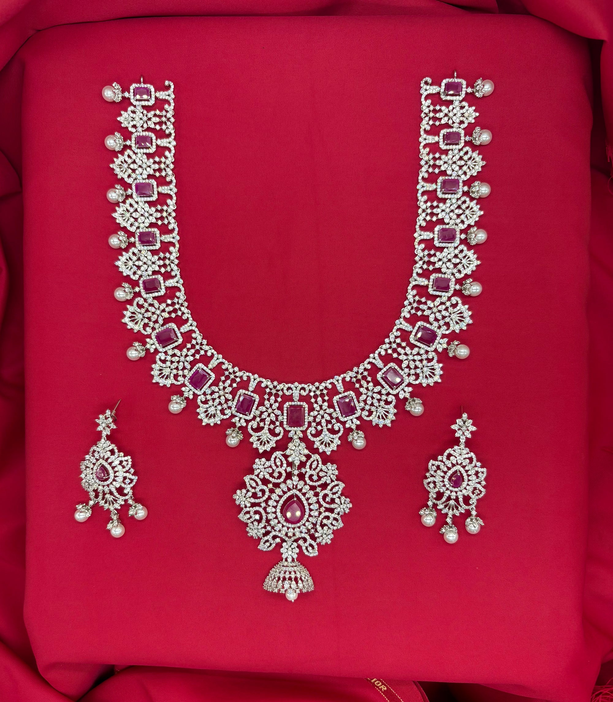 Ad Stones Silver Detachable With Pink stones Long Haram