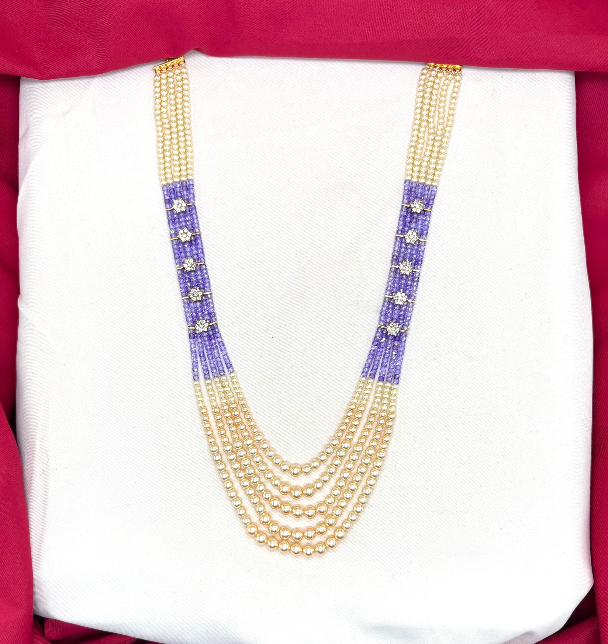 Premium Cubic Zirconia sapphire Blue beads and pearls AD with flowers design small locket Mala for Unisex