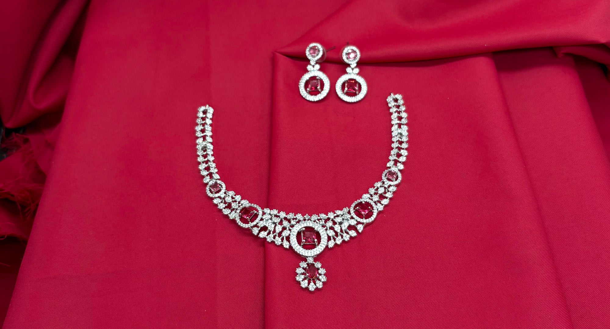Silver Polish White & Maroon AD Studded Short Necklace