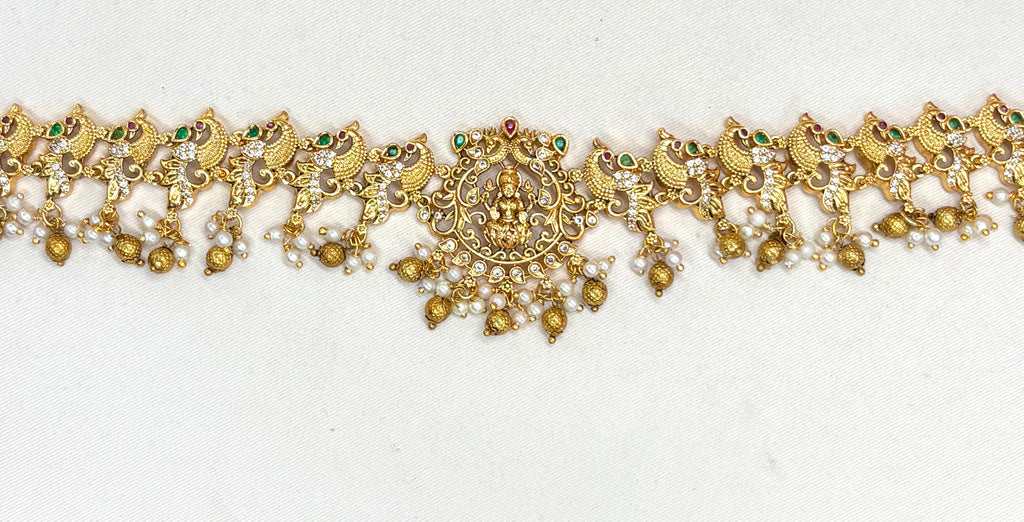 Matte finishing peacock design with golden balls chain vaddanam