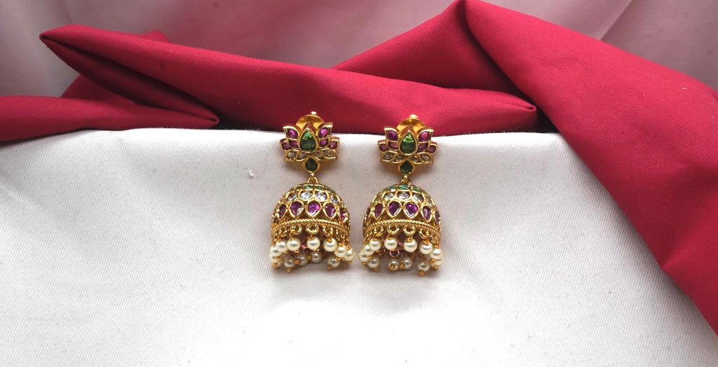 Matte finishing floral design with green & pink stones Jhumkas Earring