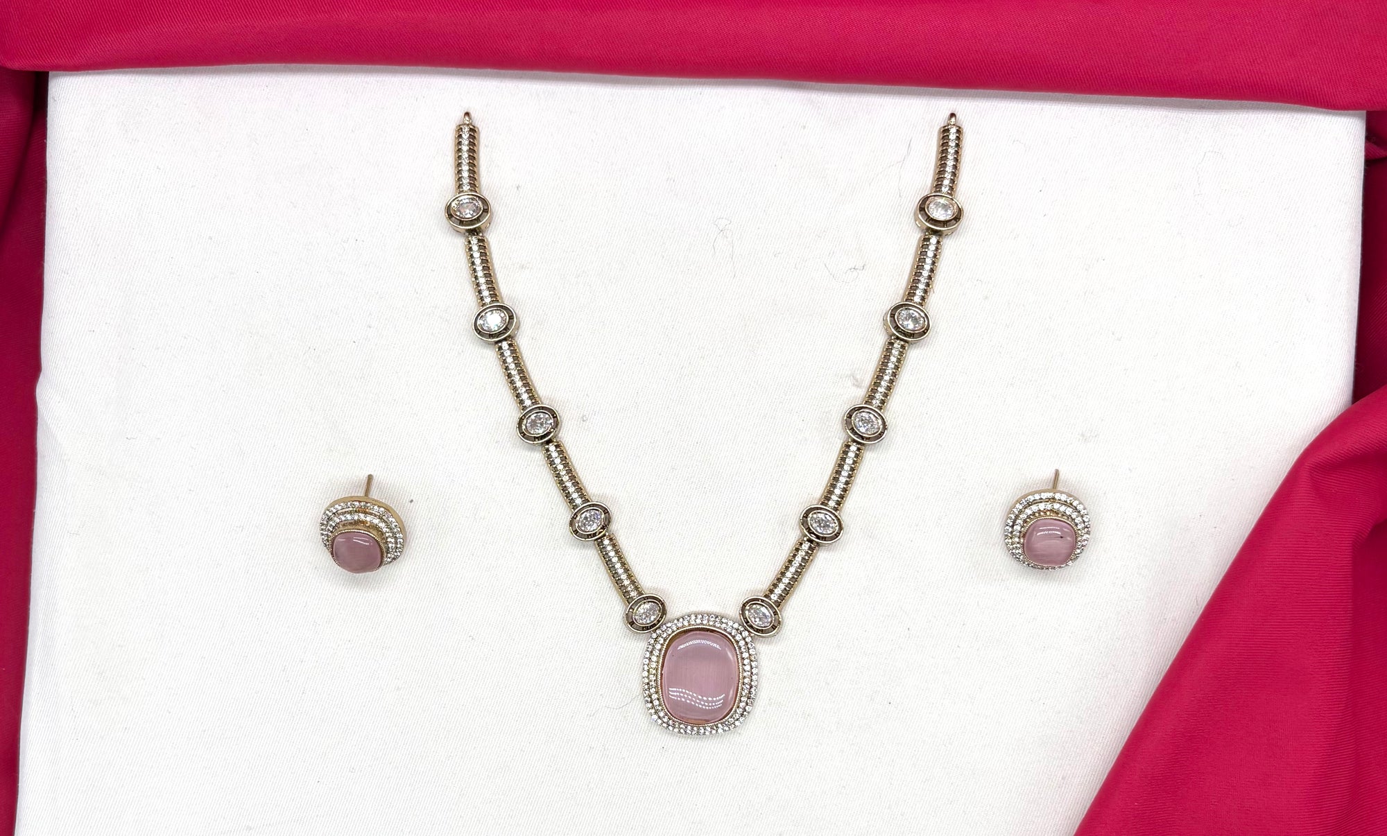 Victorian finishing with American Diamond with Baby-Pink Stone Short Necklace