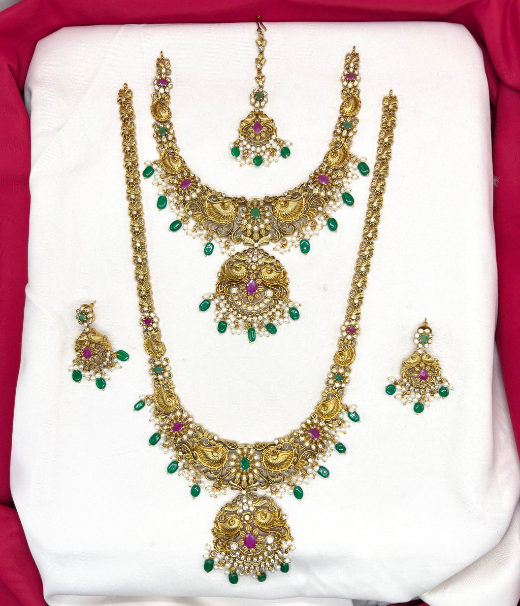 Matte finishing flower design with Ad stone & Green Beads combo-set