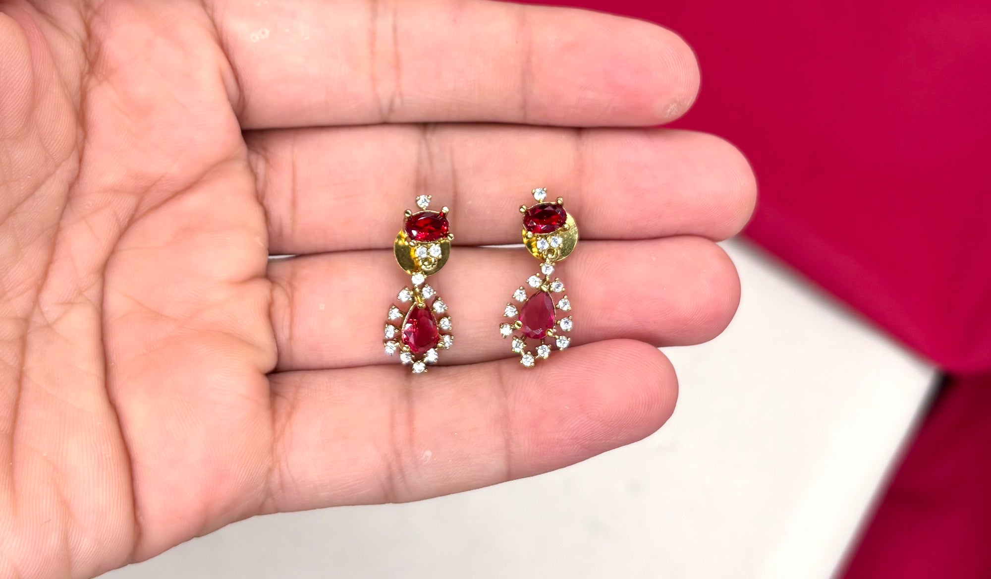 Victorian finishing American Diamond and Red stones Short Necklace