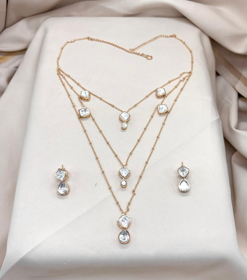 Polki moissanite stone chain with locket 3 layer