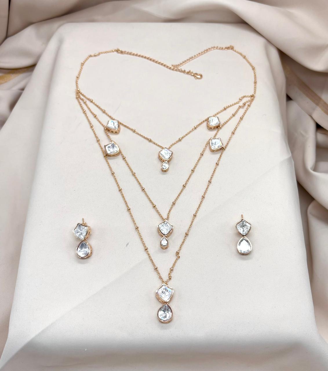 Polki moissanite stone chain with locket 3 layer