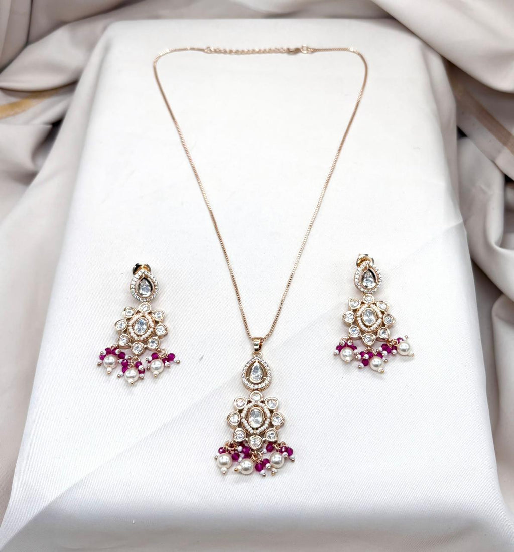 Polki moissanite stone chain with locket with red beads
