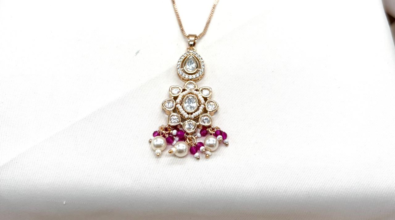 Polki moissanite stone chain with locket with red beads