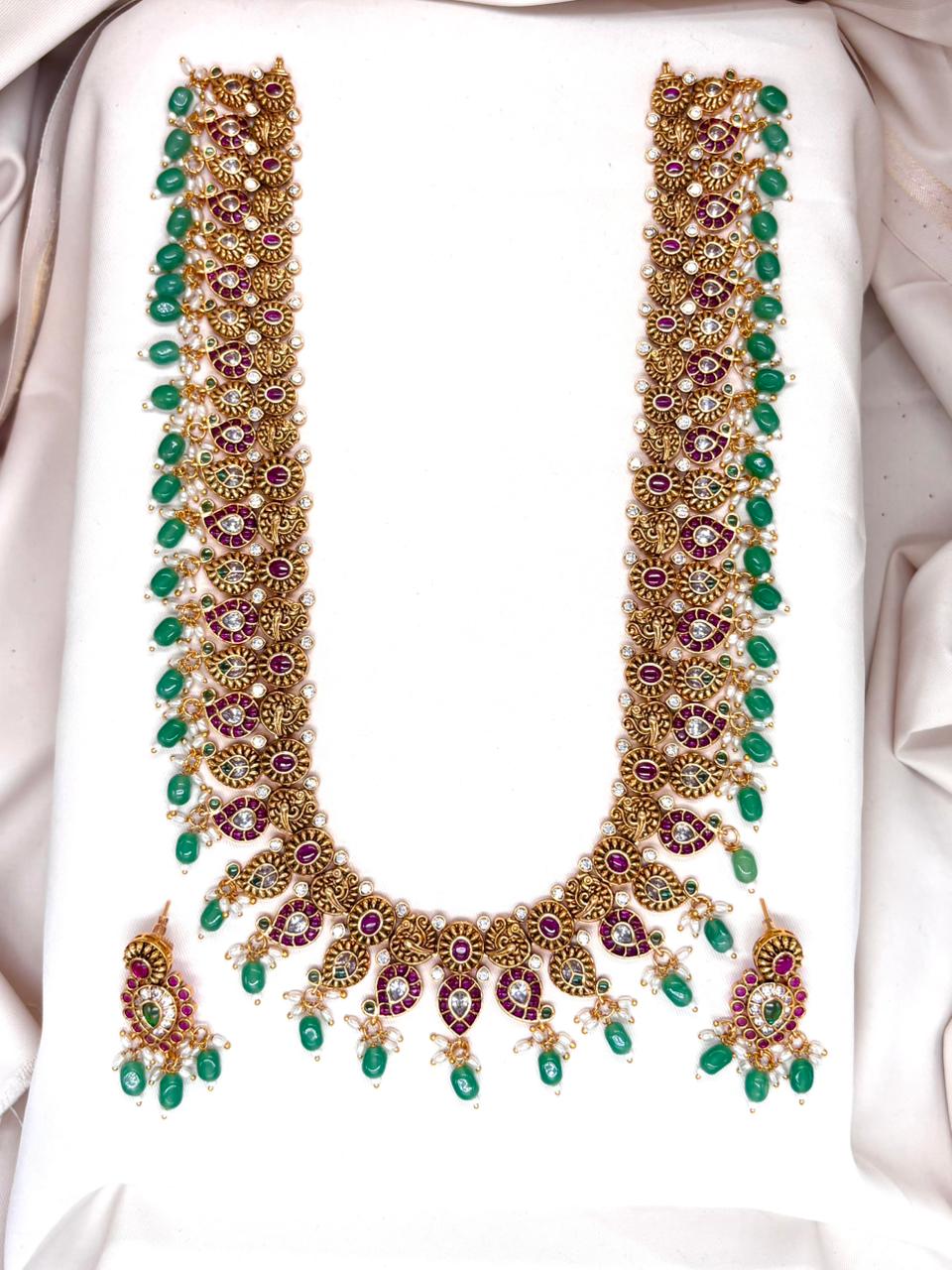 Jadau kundan with Green kempu stone Long Necklace